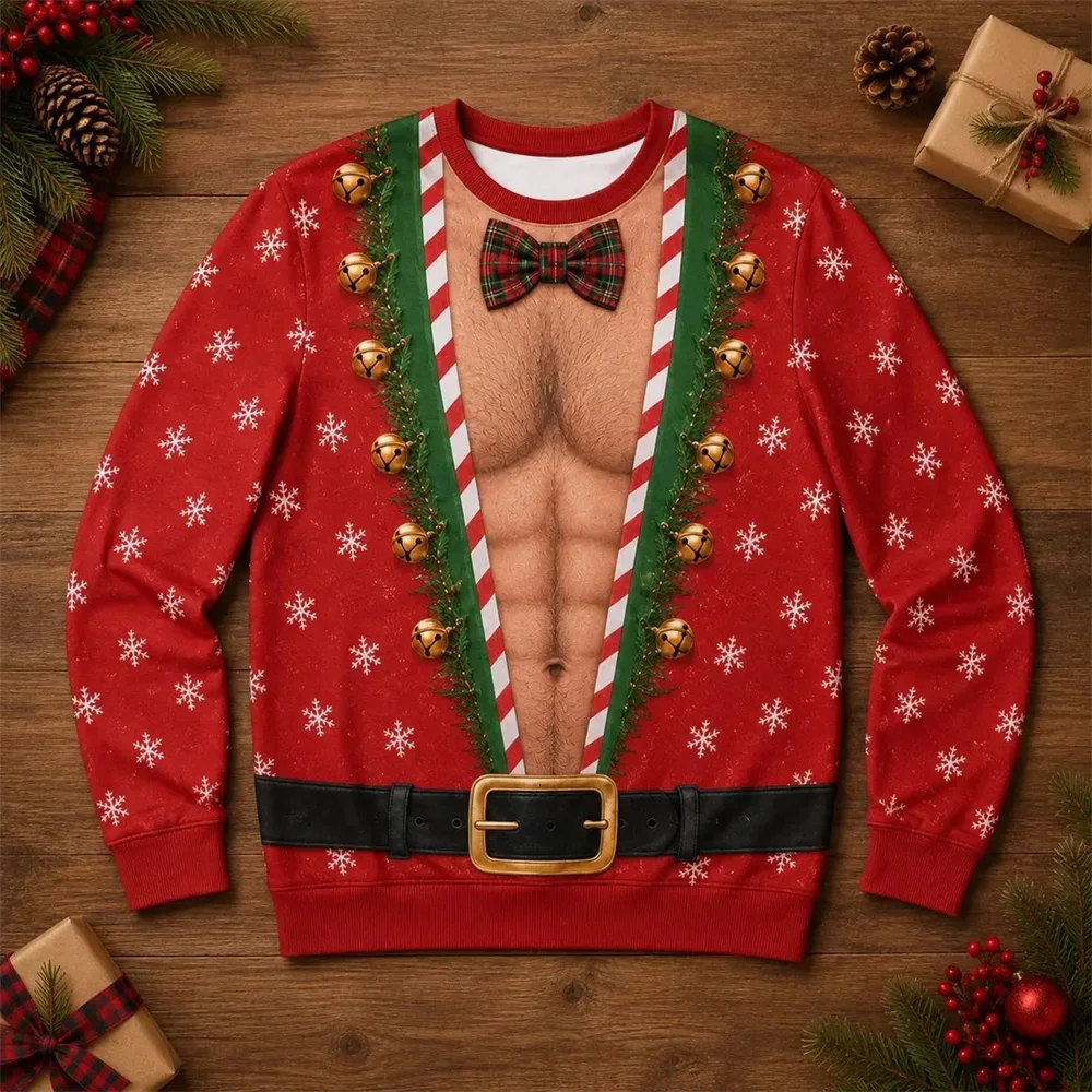 Funny Santa Muscle Sweater 3D Illusion Print Christmas Costume Ugly Xmas Crewneck Sweatshirt Holiday Party Outfit Men Women Gift