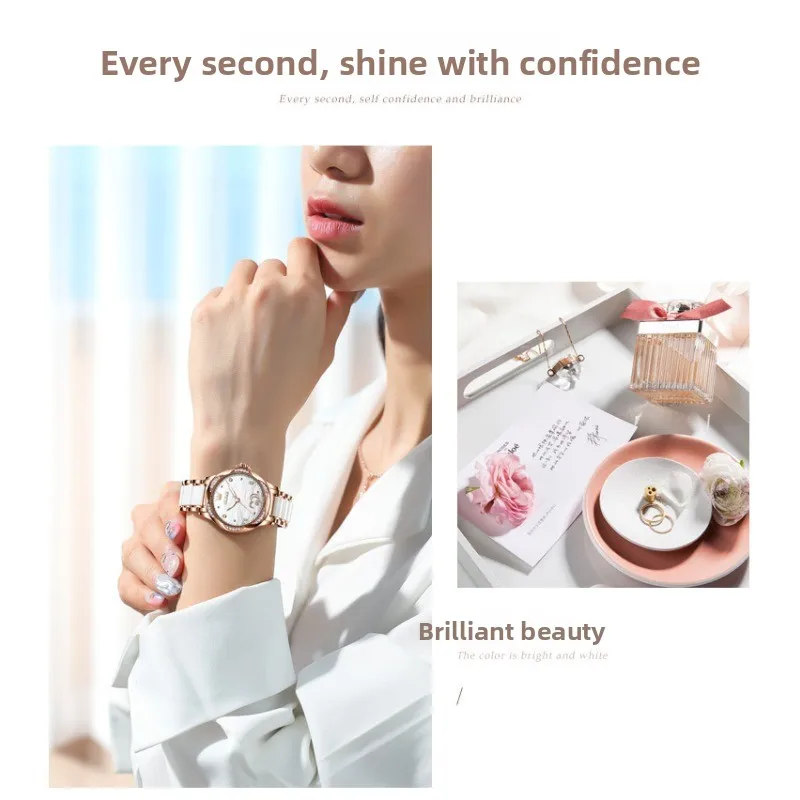 OLEVS Mechanical Watch for Women Ceramic Bracelet Decorative Stone Details Water Resistant Ladies Dress Watch for Daily Wear