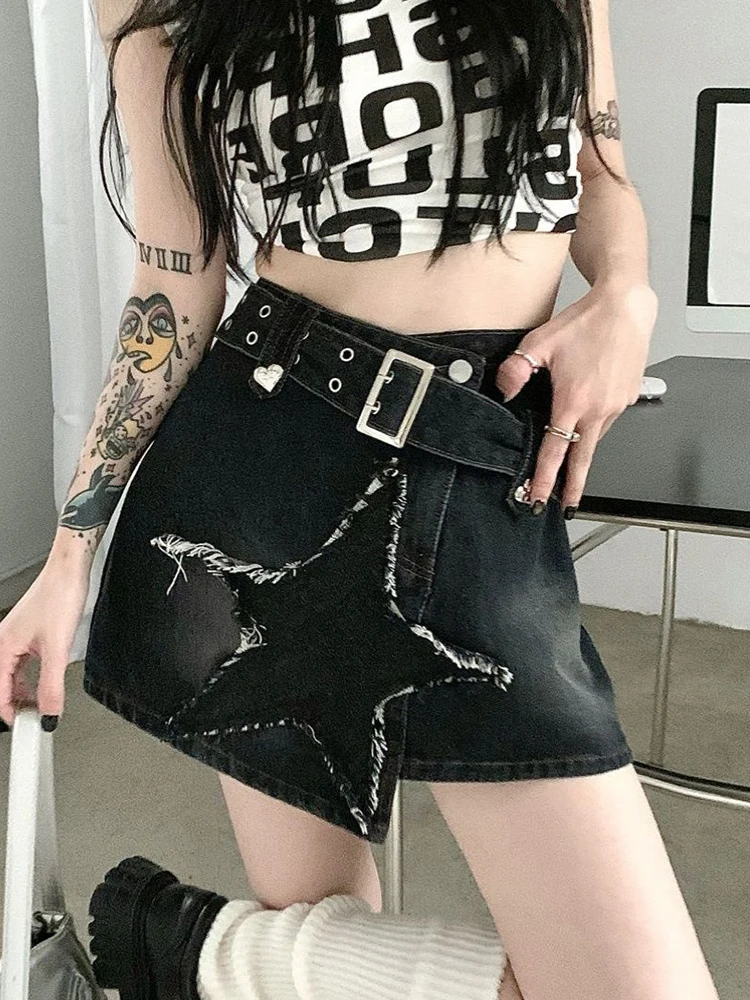 Vintage Star Y2k Denim Skirt Women High Waist Harajuku Belt Black Mini Skirt American Streetwear Retro Summer Gothic Skirt