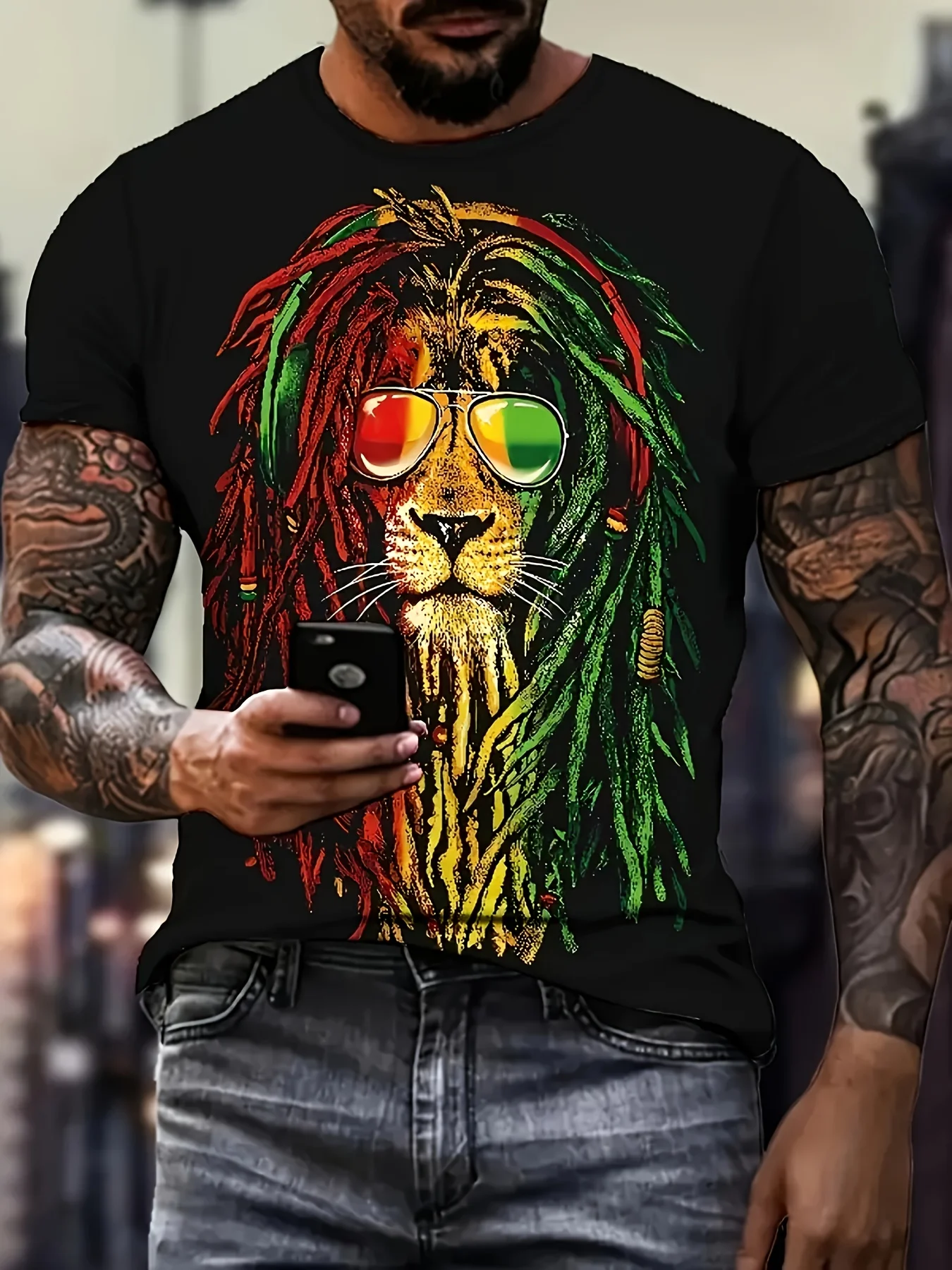 Men's Reggae Lion Print T-Shirt Rasta Color Dreadlock Sunglasses Crew Neck Short Sleeve Streetwear Top