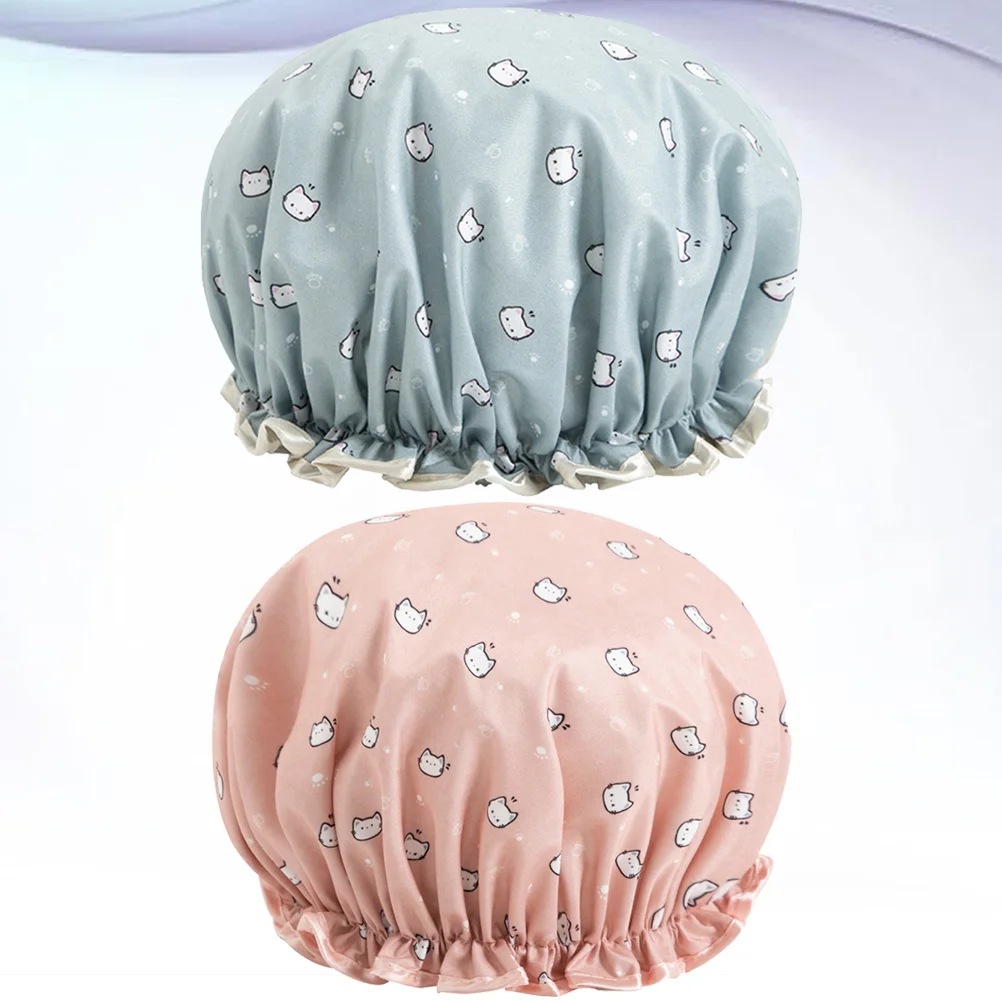 

2Pcs Waterproof Shower Caps Double-Layer Printed Eva Satin Bathing Hats Durable Hair Protection for Women Bath Spa