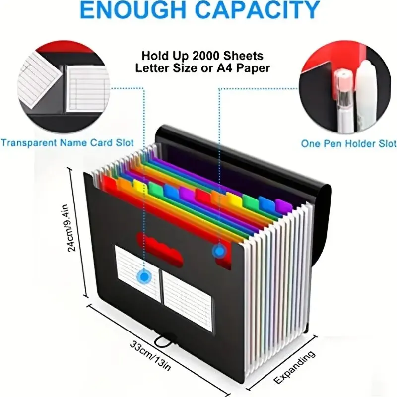 Expanding File Folder 12 Pockets A4 Size Filing Folder Organizer Large Capacity Portable Accordian File Box for Classroom Office