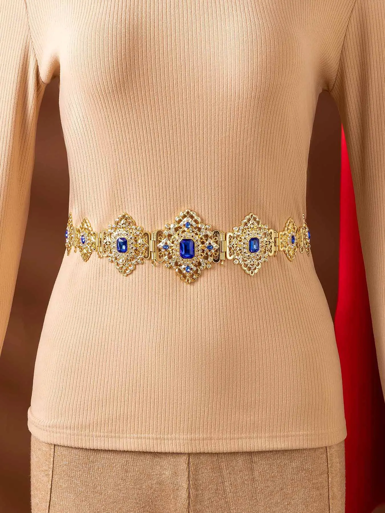 Luxury Gold Plated Belt with Hollow Carved Synthetic Gem Design Arab Bride Waist Chain Jewelry Accessory