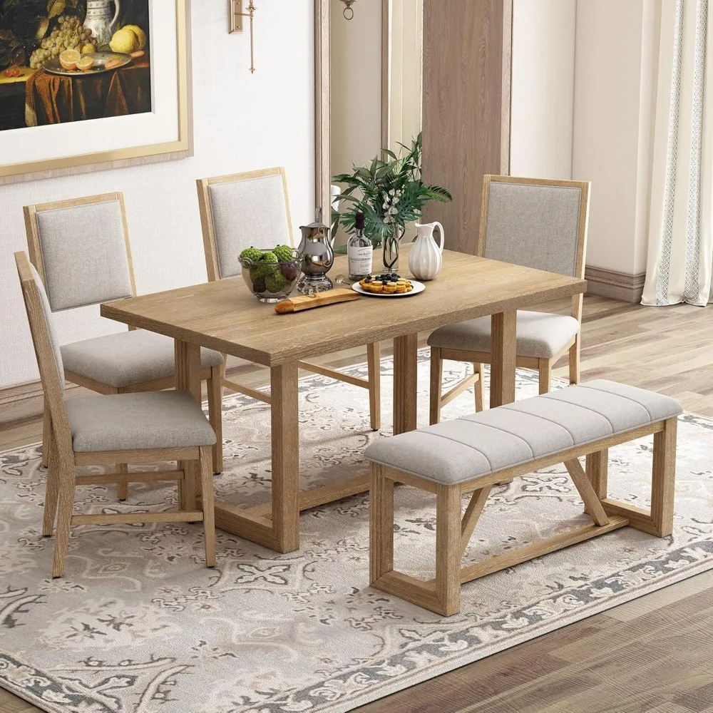 6 Piece Dining Table Set, Farmhouse Kitchen Table Set with 1 Rectangular Table with Design Trestle Base, 4 Upholstered Chairs image 2