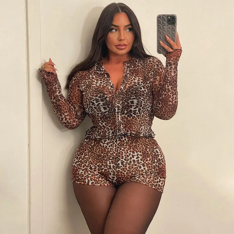 

2025 2PCS Mesh Seethrough Long Sleeve T-Shirt Shorts Leopard Single Breasted Tops Vacation Club Wear Sexy Shorts Cardigan Outfit