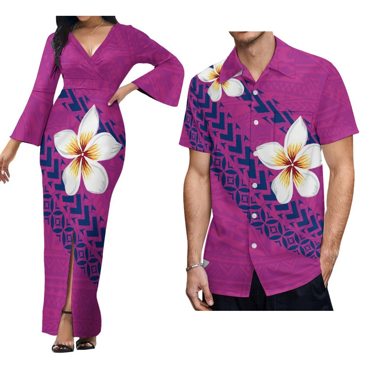 

Summer Polynesian Couple Suit Fashion Women'S V-Neck Dress Samoa High-Waisted Maxi Dress And Hawaiian Men'S Aloha Shirt