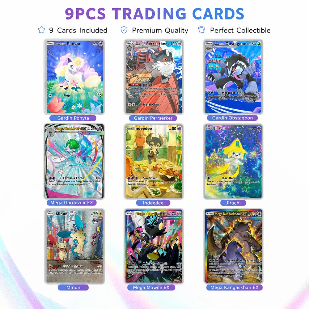 PTCG Juego de 9 Tarjetas Coleccionables Holográficas Premium con Ponyta Galariano, Jirachi, Minun, Mega Mawile EX, Mega Kangaskhan EX, Regalo