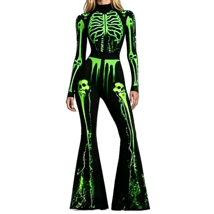 Weihnachts-Overall für Damen mit ausgestelltem Bein, Candy Cane- und Schneeflockenmuster, Glockenbein-Design, Totenkopf-Bodysuit, Halloween-Weihnachts-Clubwear, Partykostüm – Detail 4
