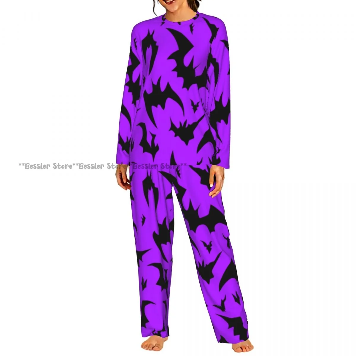 Women Round Neck Pajamas Set Flying Bats Long Sleeve Tops + Long Pants
