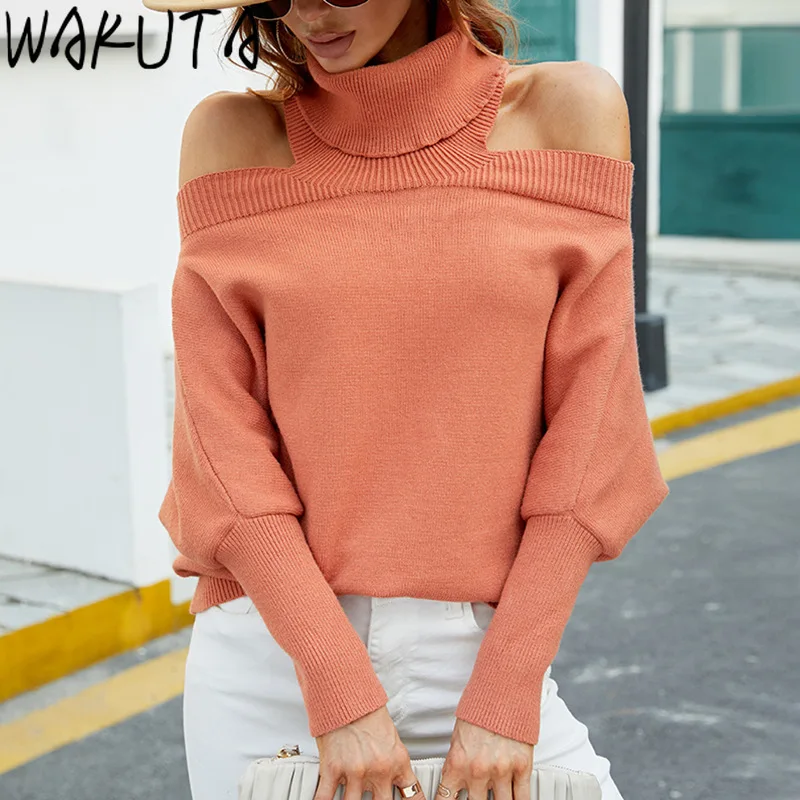 

WAKUTA Highneck Solid Sweater Sexy Off Shoulder Knitted Tops Autumn Winter Women Fashion 2024 Vintage Loose Pullovers All Match