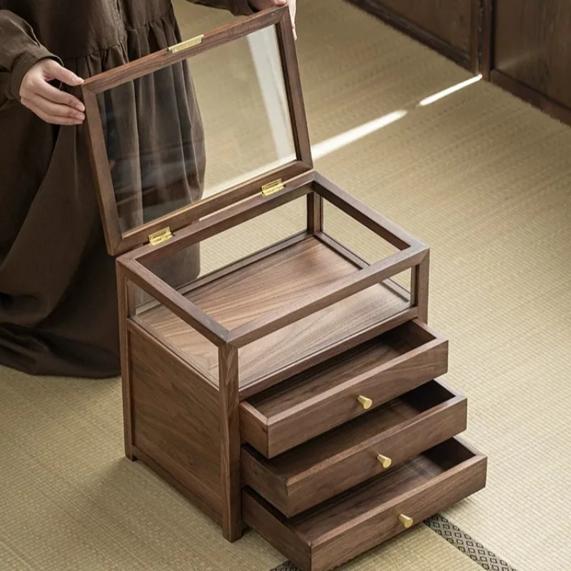 New Chinese Style North American Walnut Tea Set Storage Cabinet Multilayer Drawer Glass Shelf Tea Room Organizer