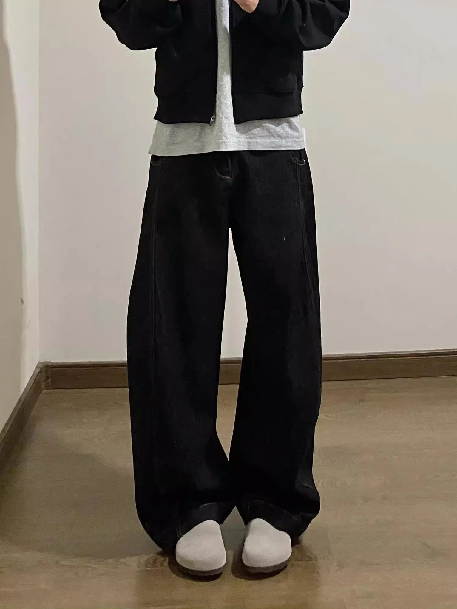 

Мужские джинсы в американском ретро-стиле с пэчворком, черные, широкие, прямого кроя, повседневные, свободные, модные, длинные брюки