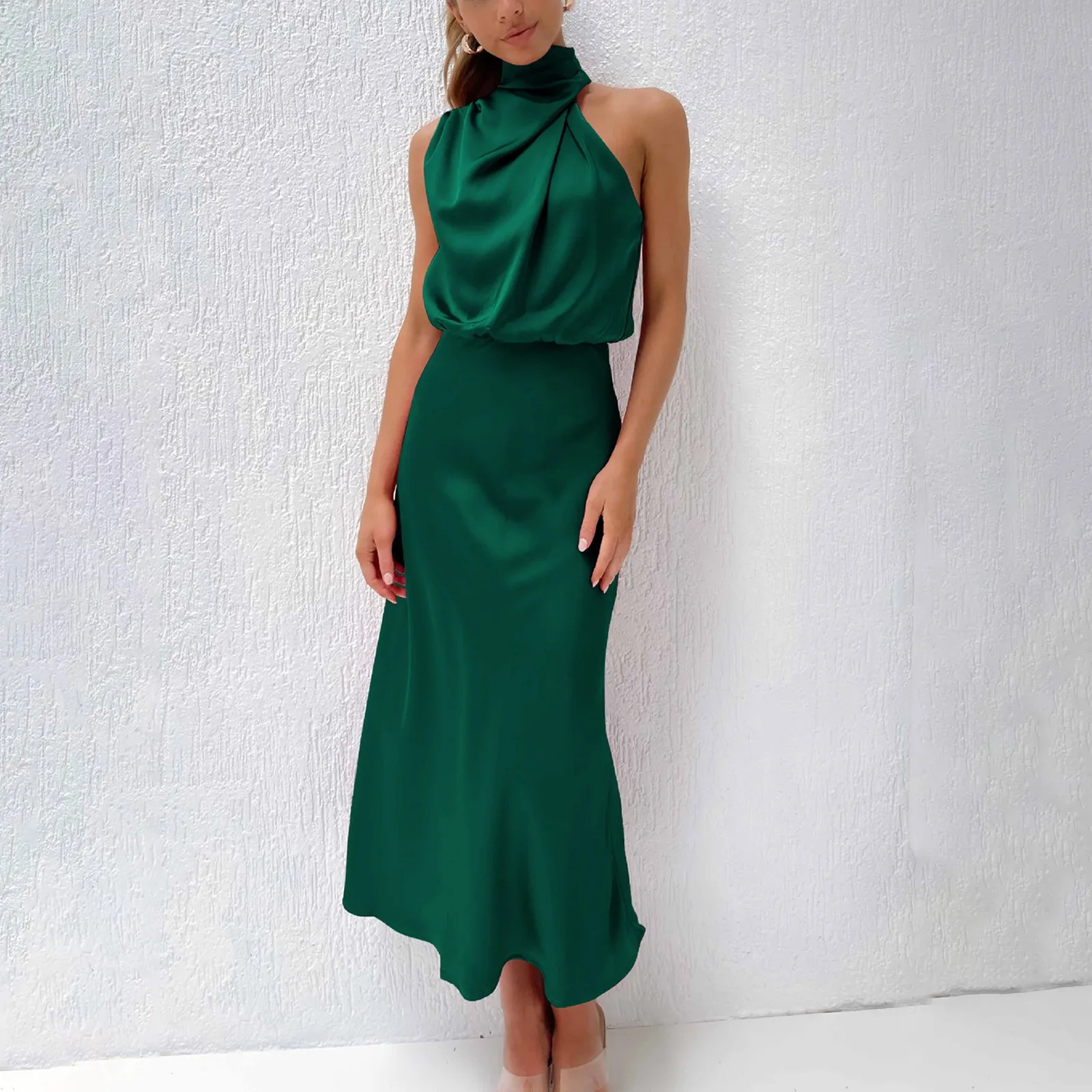 Women Halter Satin Silk Dresses Summer Sexy Champagne Green Evening Party Elegant Maxi Dresses For Women Formal Occasion Dresses