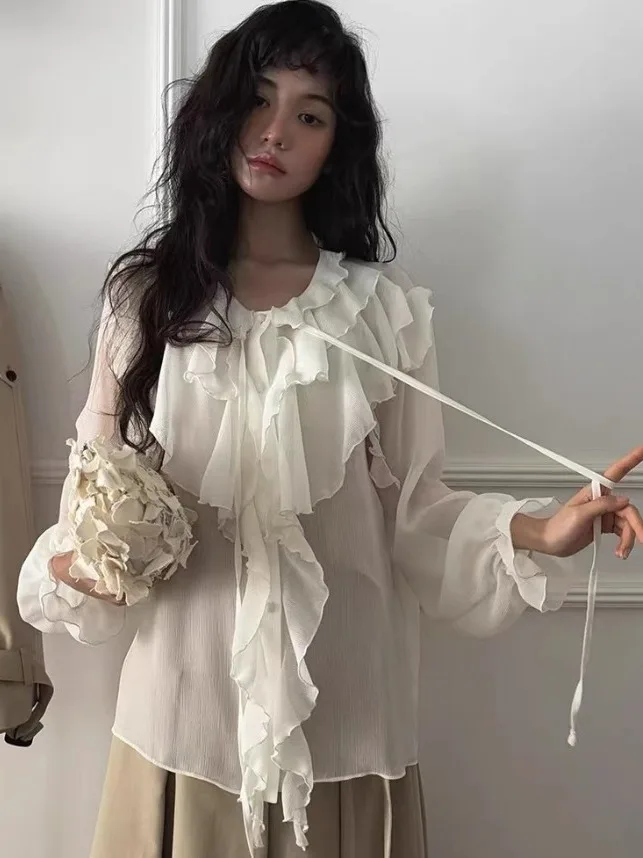 Chic lourd embelli Sa irt femmes printemps nouveau ample mince cloche Sve haut en mousseline de soie Faionable trajet pur commerce électronique