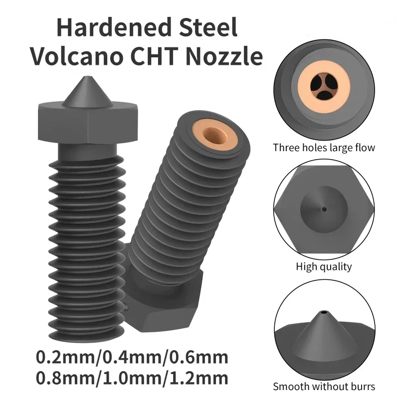 New Clone CHT Volcano Hardened Steel Nozzles 0.2/0.4/0.60.8/1.0/1.2mm Nozzles High Flow Three-eyes Print Head for Ender 3 1.75mm