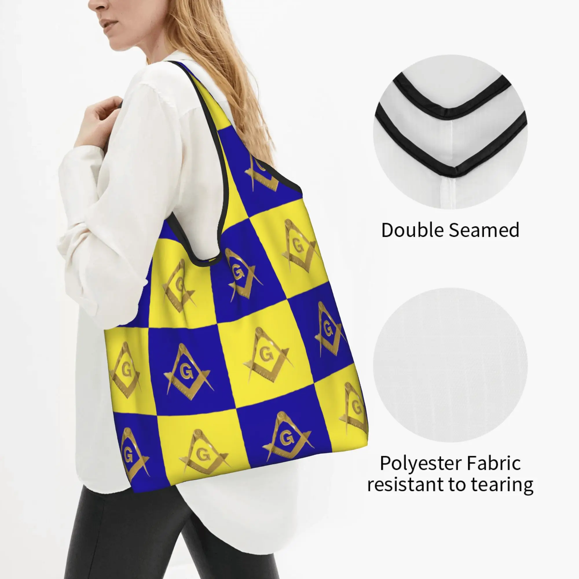 Reusable Freemason Gold Square Compass Masonic Shopping Bag Women Tote Bag Portable Checkered Plaid  Grocery Shopper Bags