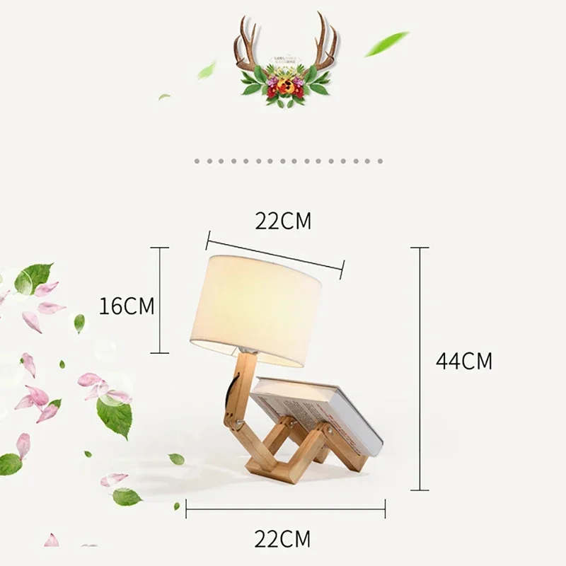 Creative Table Lamp Wooden Robot Shape LED Nordic Art Desk Lights/ Eye Protection Reading&Bedroom Desktop Night Light Home Decor