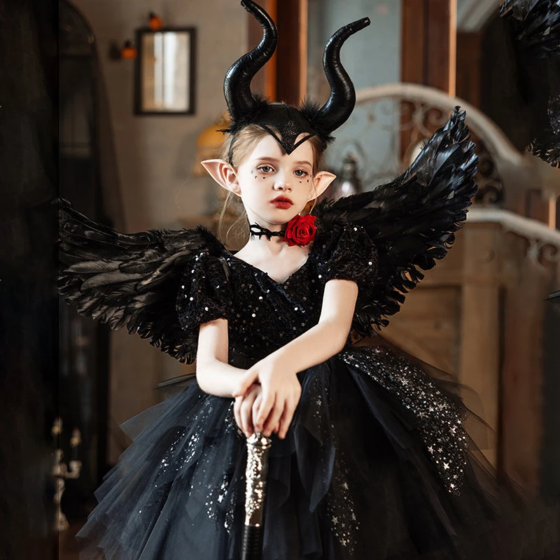 

Cosplay Villain Vestidos New Girl Costume Black Princess Witch Dress Carnival Easter Halloween Party Costumes for 3-10 Years