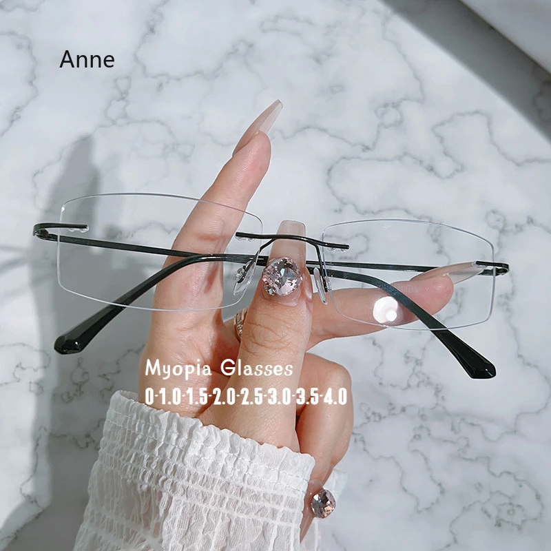 Rimless Myopia Glasses Unisex Metal Frame Anti Blue Light Blocking Business Student Computer Minus Eyewear Near Sight Eyeglasses