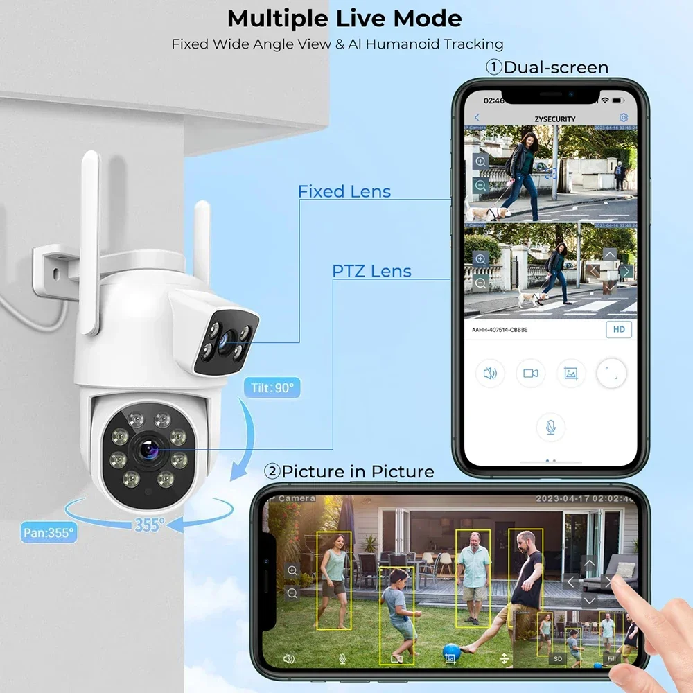 듀얼 렌즈 PTZ 보안 카메라 실외 2MP+2MP AI 인체 감지 자동 추적 무선 WiFi IP 카메라 양방향 오디오 CamHipro 앱
