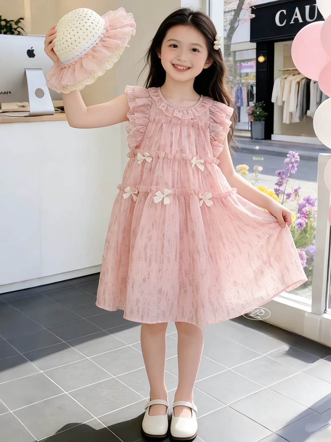 Vestido de Verão para Meninas, Novo Estilo, Saia de Princesa Sem Mangas com Laço de Borboleta Rosa, Confortável e Amigável à ...