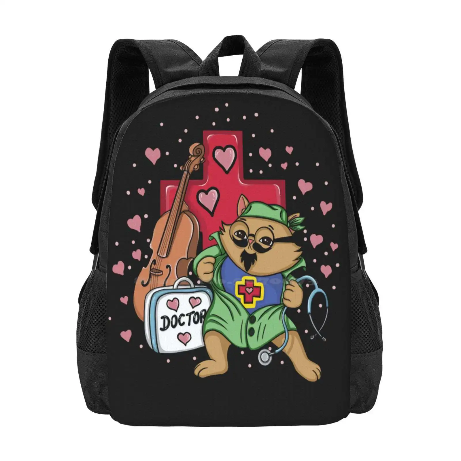 Medicine, Doctor Cat Hot Sale Schoolbag Backpack Fashion Bags Medicine Animals Cat Player Violin Briefcase Green Hearts