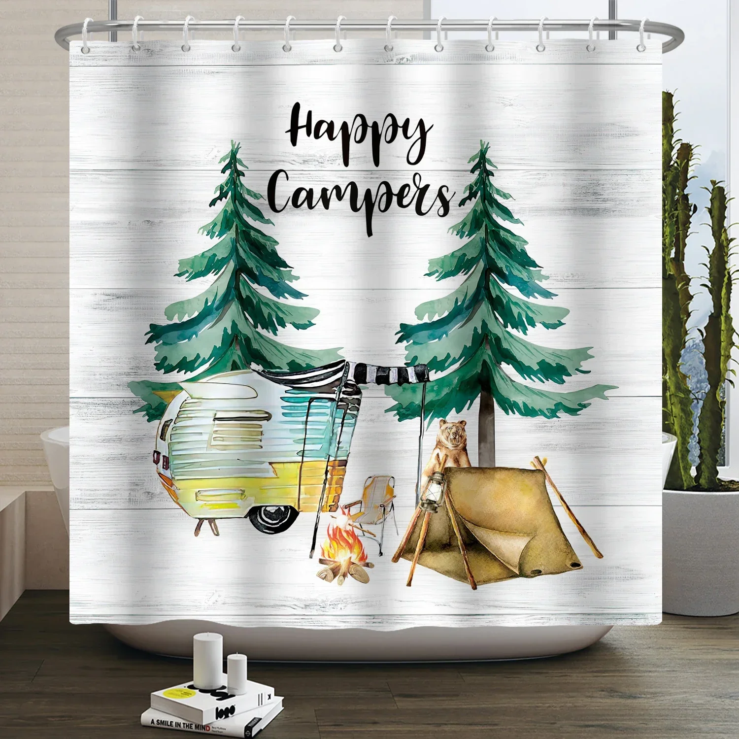 Forest Animals Shower Curtain jungle Trees Plant Wildlife Bird Bear Elk Fox Deer Modern Minimalist Kids Bathroom Shower Curtain