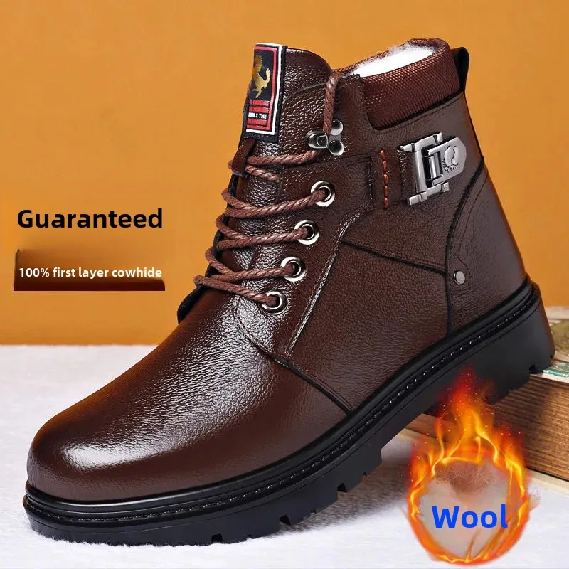 Winter Thickened Fleece-Lined Genuine Leather Men's Boots High Top Warm Cotton Shoes Casual Footwear Rubber Sole Chinese Made