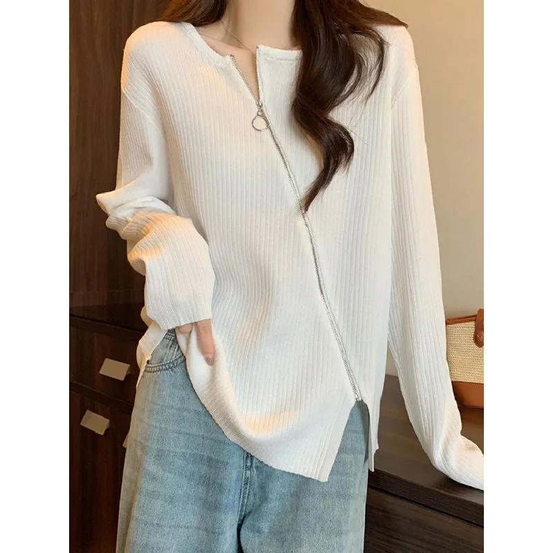 

Large Zippered Long Sleeved T-shirt Women Autumn Winter 2024 Design Irregular Base Large Size Undershirt Loose Asymmetrical Top