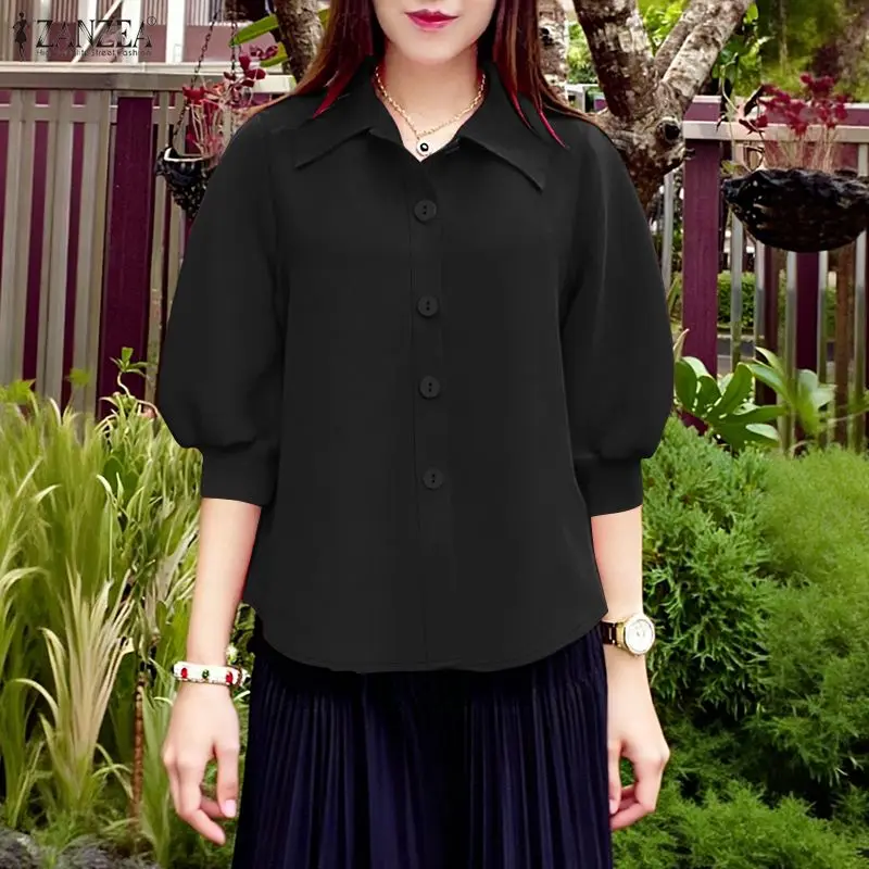 

Женские летние рубашки ZANZEA с рукавами-фонариками 3/4, топы на пуговицах с отложным воротником, повседневная одежда, однотонные блузки для женщин