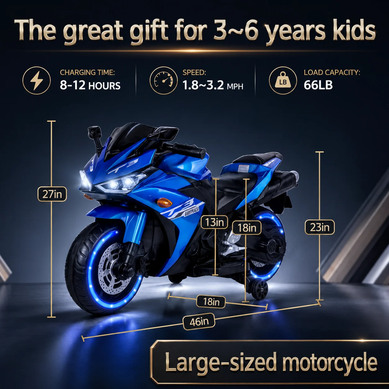 Kids Motorcycle 12 V Motorcycle For Kids 3-8 Years Boys Girls, Kids Motorcycle Ride On Toy With Training Wheels/Manual Throttle/Drive By Hand/Lighting Wheels、Remote Control By Phone