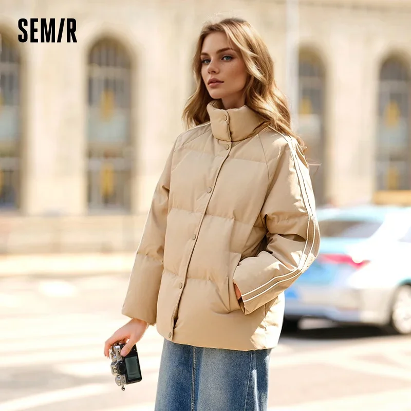 Semir Down Jacket Women Stand-Up Collar Contrast Color Raglan Sleeve Loose 2024 Winter New Three-Proof Windproof Down Jacket