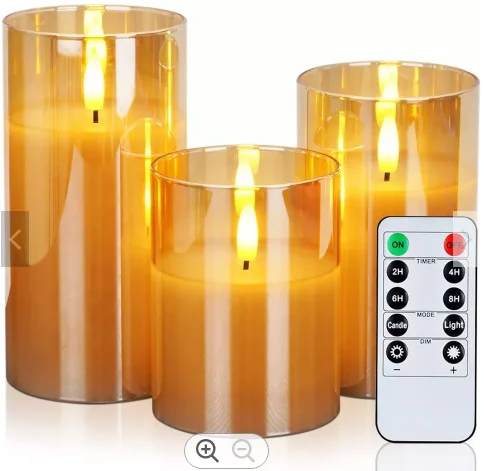 Amazon Hot Selling 3D Real Flame Pillar Gold Glass Home Decoration Remote Timer 4 8 Hours Flameless flickering LED Candle Valent