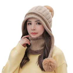 Women Winter Peruvian Cover Ears Beanie Hat Ear Flaps Sherpa Ski Snow Hats Knit Fleece Lined 3 Pom Pom