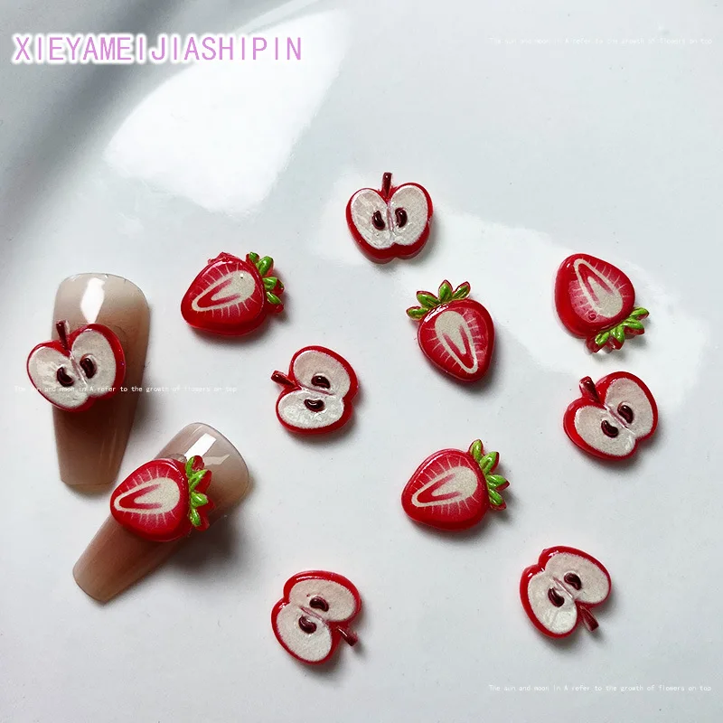 50PCS Unique and Cute Strawberry Apple Resin Accessories New Fruit Cartoon DIY Colorful Series Pretty Nail Art Decal