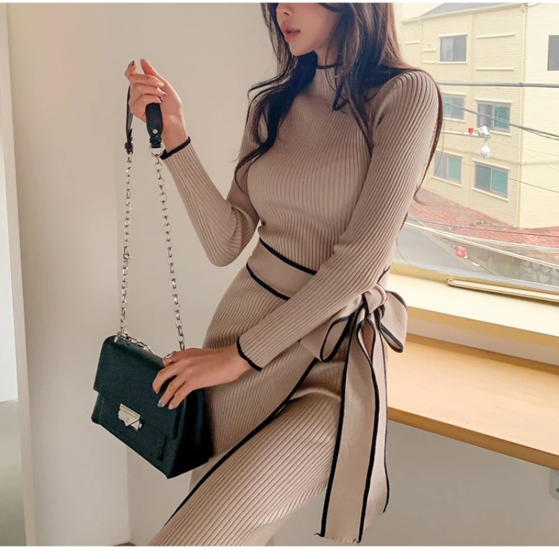 Outono e inverno moda nova feminina elegante estilo coreano fino ajuste vestido quente retro cinta festa vestido de manga comprida