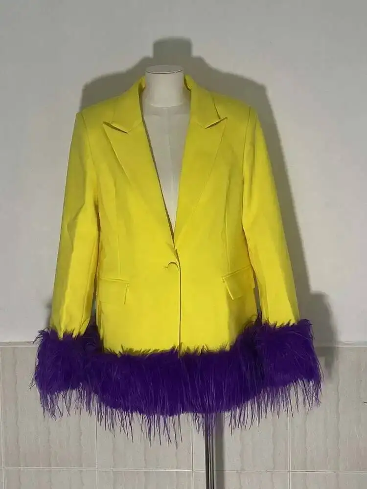 

Fashion Feather Women's Decoration Straight Sleeve Blazer Coat Long Sleeves Chic Clothing 2022 Autumn New Style 2IQA0