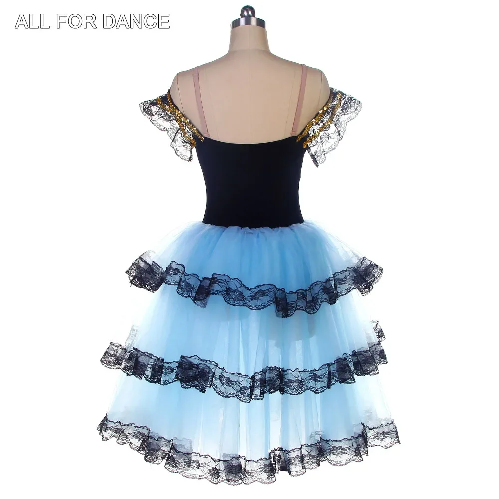 20511 Black Velvet Top Bodice with Sky Blue Long Romantic Tutu Skirt Adult Girls Stage Performance Tutu Costumes