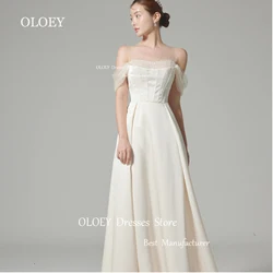 OLOEY Elegant Ivory Satin Wedding Dress Korea Photoshoot Transparent O Neck Bridal Gown Floor Length Corset Cap Sleeves Custom