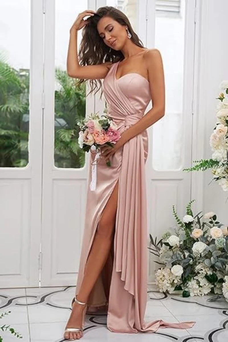 

One Shoulder Satin Bridesmaid Dress Long for Women Sleeveless Ruched Formal Prom Evening Gown with Slit