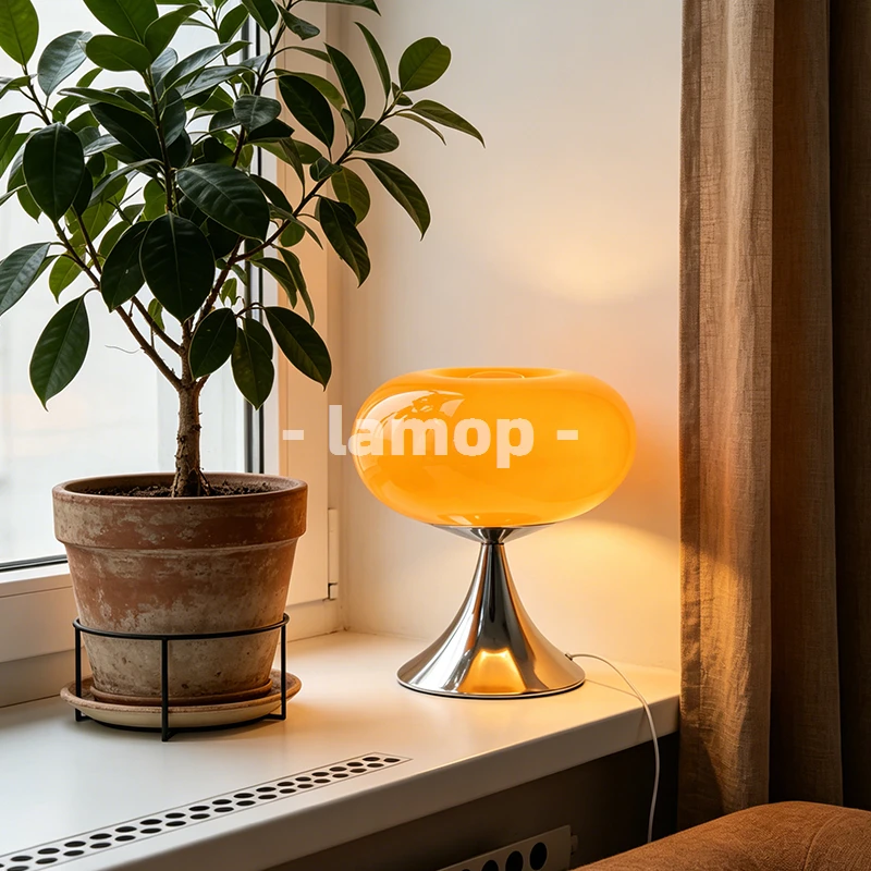 Murano Glass Gloss Orange Donut Ring Flared Base Table Lamp Cream Korean 3 Tone Soft Light Mirror Nightstand Bedroom Decor Lamp view 3