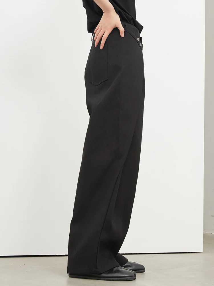 [EAM] High Waist Black Pleated Button Long Wide Leg Pants New Loose Fit Trousers Women Fashion Tide Spring Autumn 2024 1DF8330