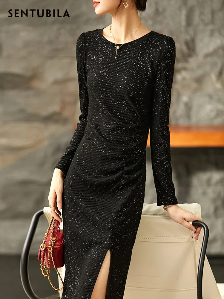 SENTUBILA Abito aderente con paillettes nero per donna 2025 Autunno elegante signora sexy abito da compleanno lavorato a maglia diviso di lusso 143L56650X