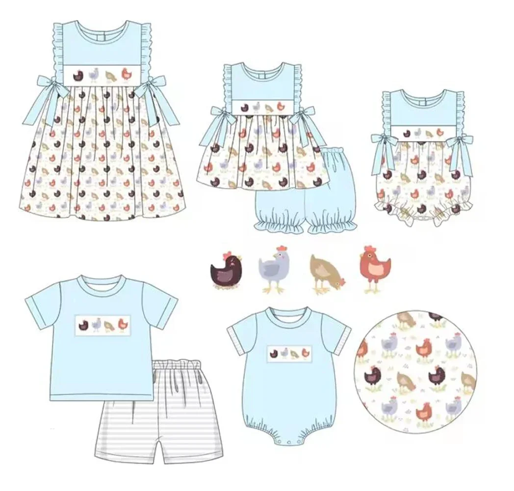 Summer milk silk clothing for boys and girls matching suit chick print cute short sleeve suit boutique clothing wholesale