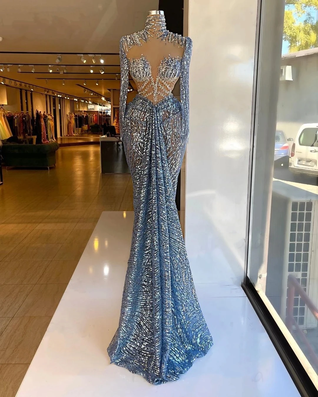 Charming Sequined Beading Mermaid Prom Dress High Collar Long Sleeves Evening Dress Custom Made  فساتين السهرة