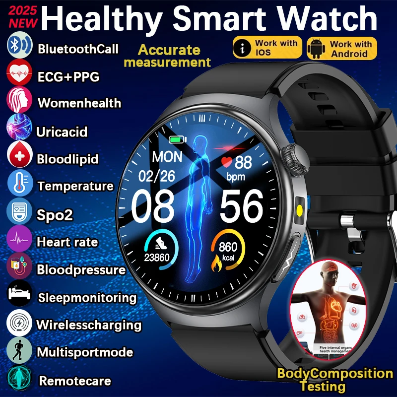 

2025 New ECG Smart Watch Uric Acid Blood Lipids Heart Rate Body Fat BMI Measurement Stress Test Bluetooth Call Men's Smart Watch