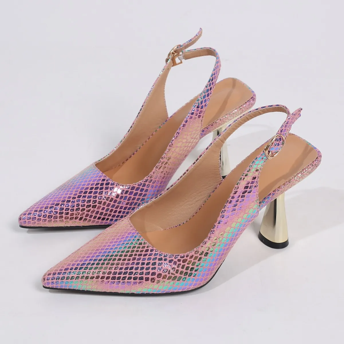 Iridescent Perforated High Heels For Women  Pink Python Diamond Check Texture Pumps  Women Dance Party Slingbacks Spike Heels