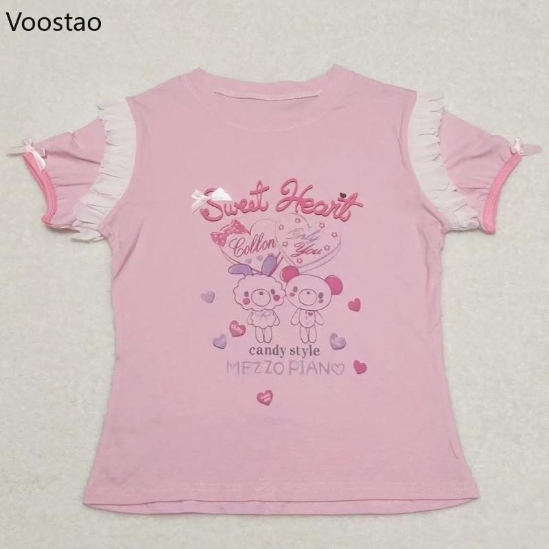 

Japanese Kawaii Lolita Crop Tops Women Sweet Cartoon Print Ruffles Patchwork Short Sleeve Tees Girls Grunge Y2k Fairy T-shirts