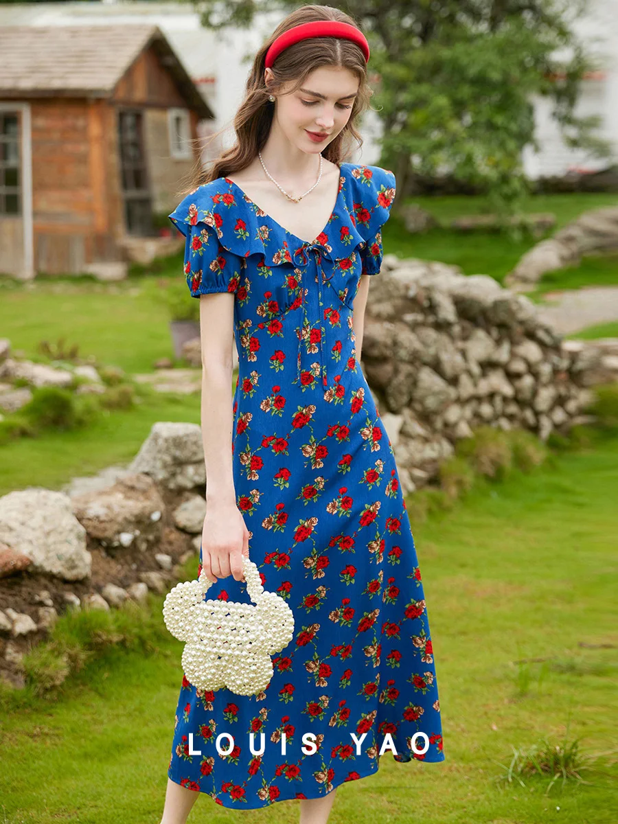

LOUIS YAO Floral Printed Dress 2025 Summer New V-neck Non Elastic Gentle Sweet Printed Lotus Leaf Side Length Women's Dress