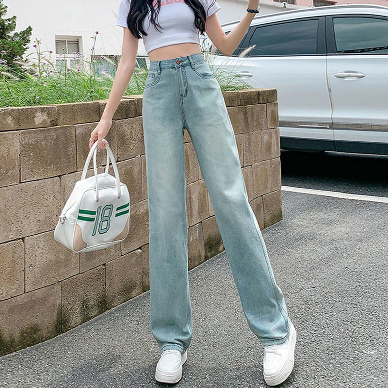 

Light blue straight jeans female summer thin section high waist thin drape loose versatile small wide-legged drag pants